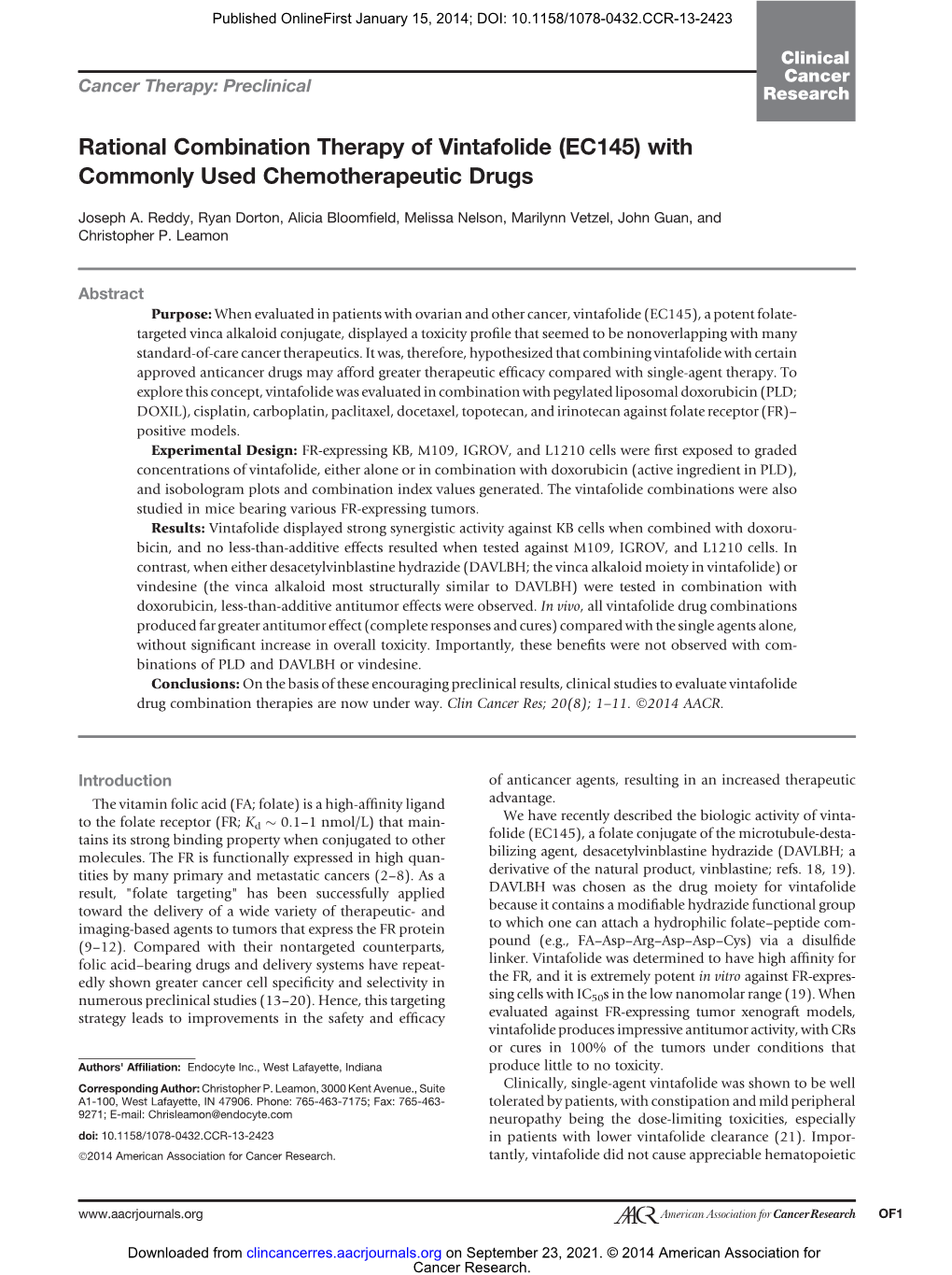 Rational Combination Therapy of Vintafolide (EC145) with Commonly Used Chemotherapeutic Drugs