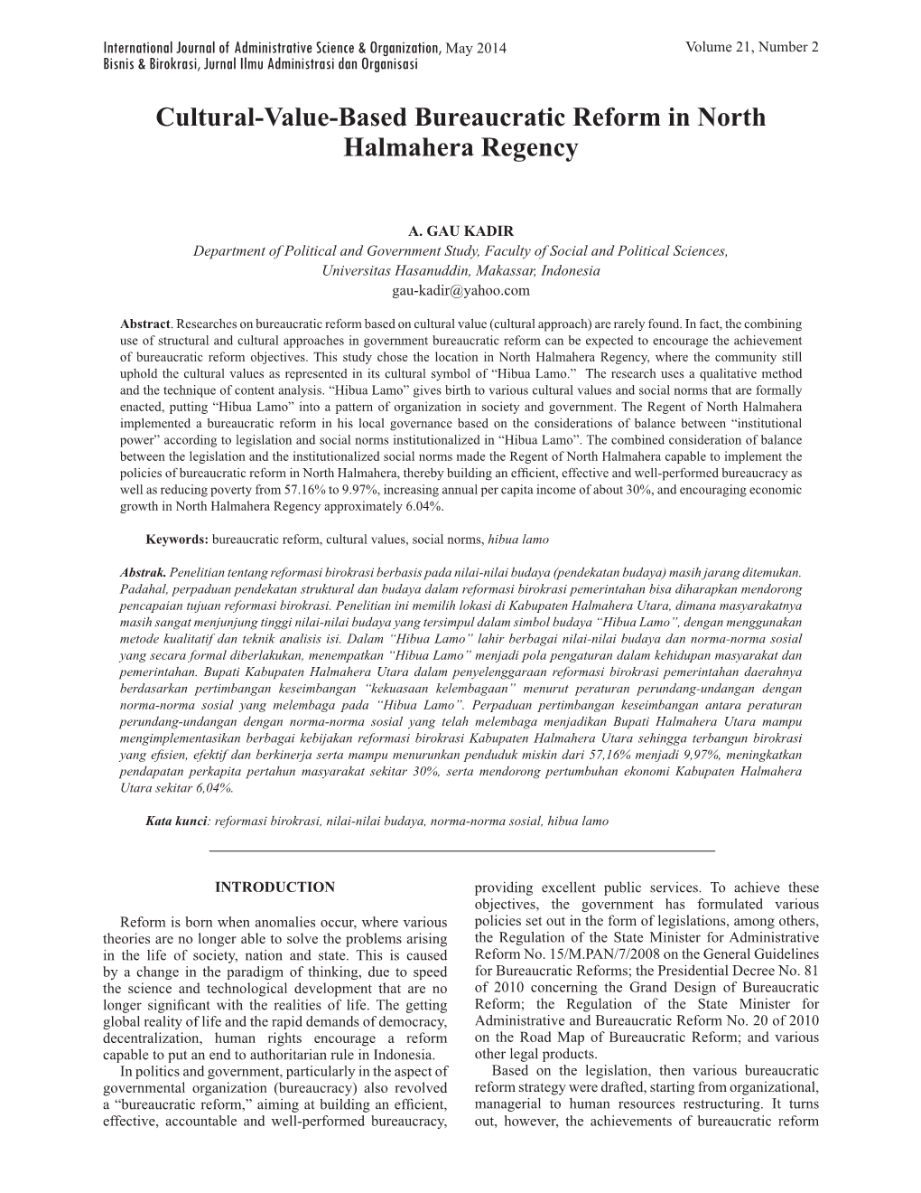 Cultural-Value-Based Bureaucratic Reform in North Halmahera Regency