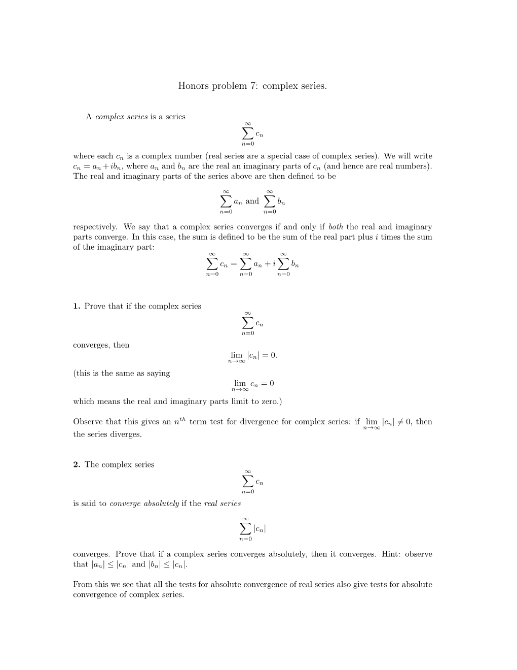 Honors Problem 7: Complex Series