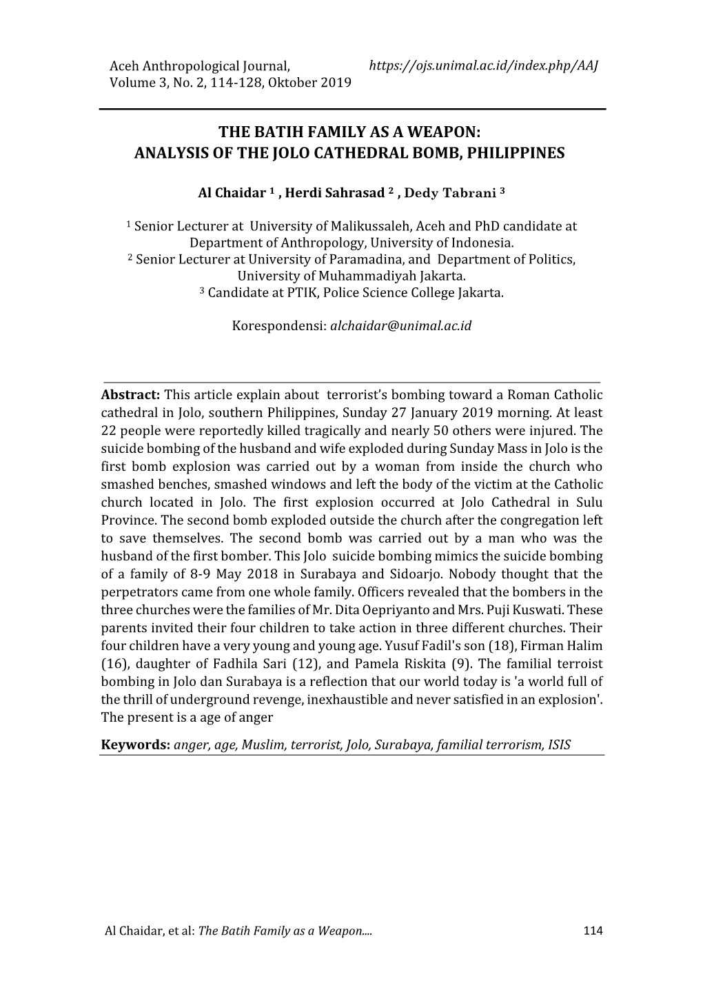 The Batih Family As a Weapon: Analysis of the Jolo Cathedral Bomb, Philippines