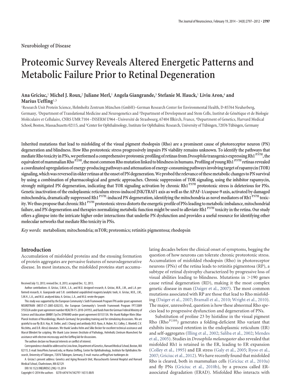 Proteomic Survey Reveals Altered Energetic Patterns and Metabolic Failure Prior to Retinal Degeneration
