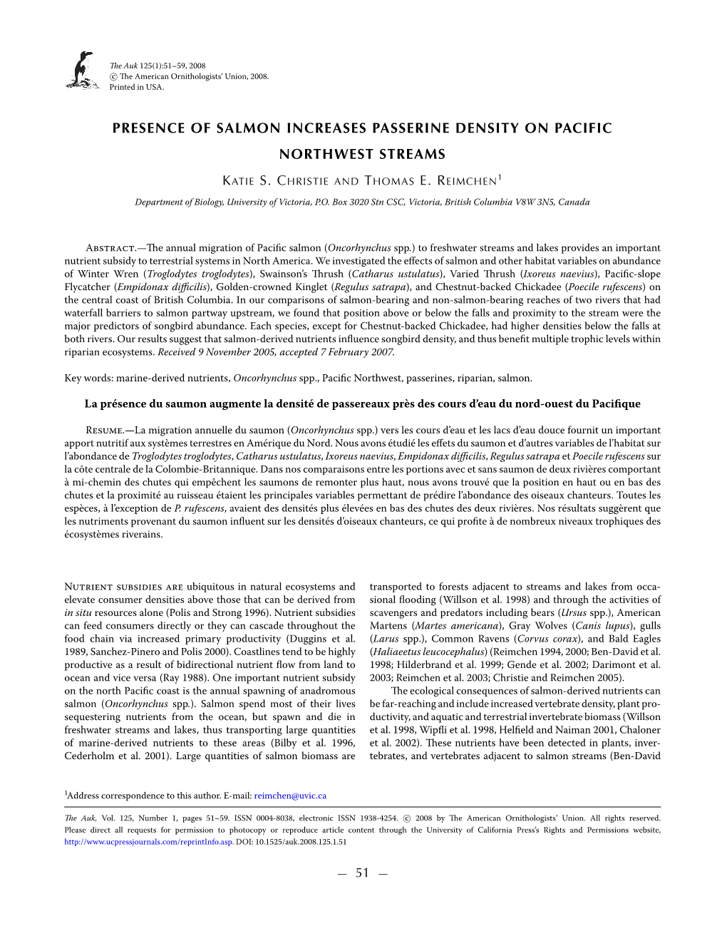 Presence of Salmon Increases Passerine Density on Pacific Northwest Streams