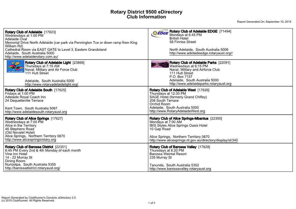 Rotary District 9500 Edirectory Club Information Report Generated On: September 10, 2015