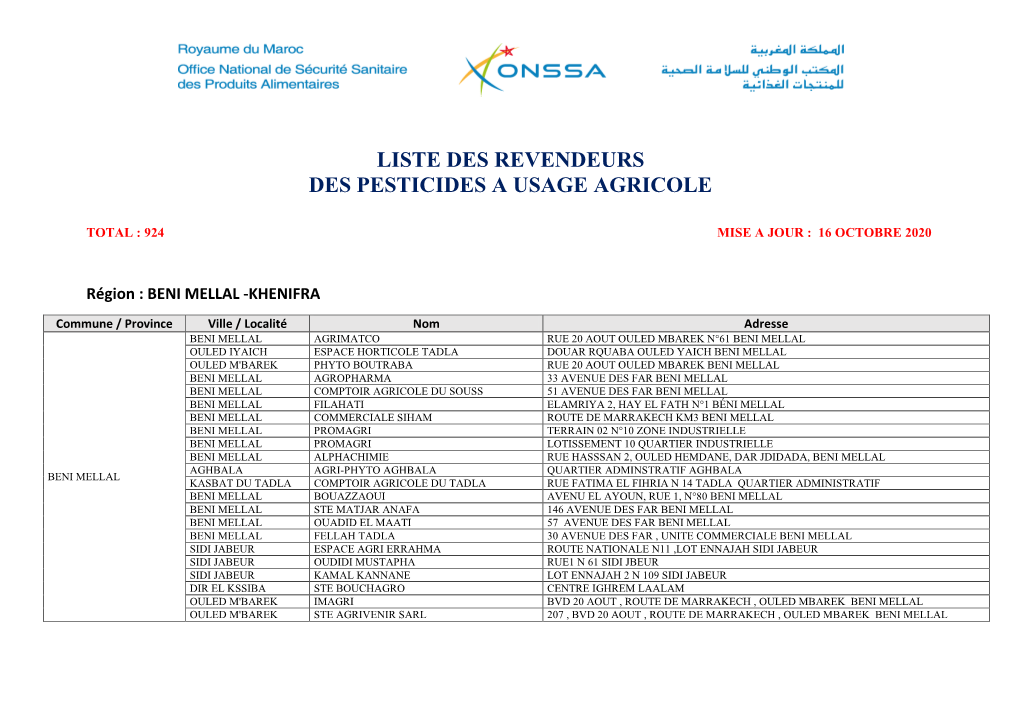 Liste Des Revendeurs Des Pesticides a Usage Agricole