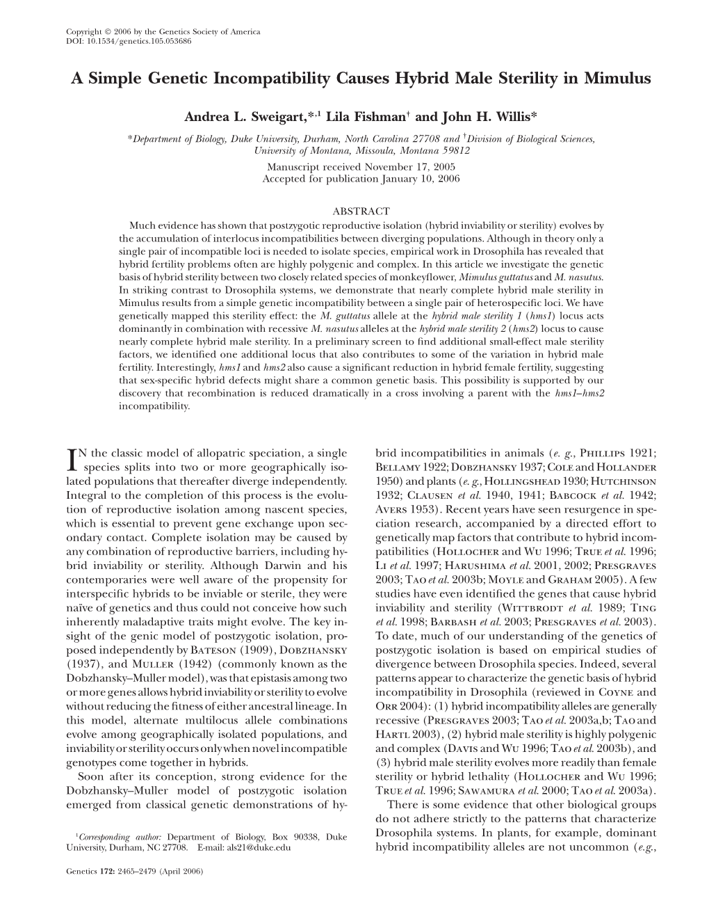 A Simple Genetic Incompatibility Causes Hybrid Male Sterility in Mimulus