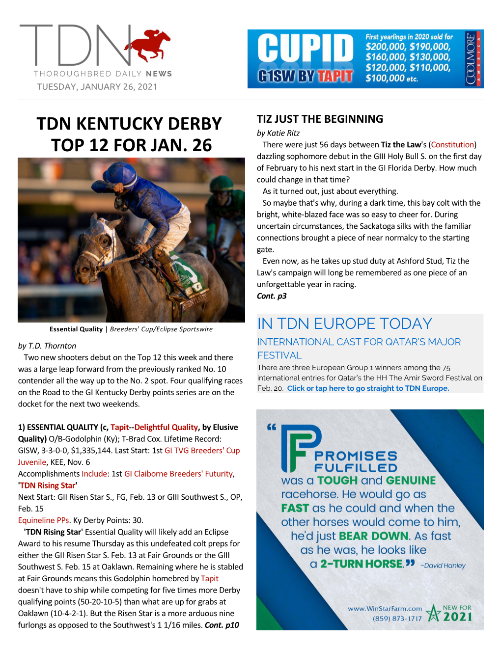 Tdn Kentucky Derby Top 12 for Jan. 26