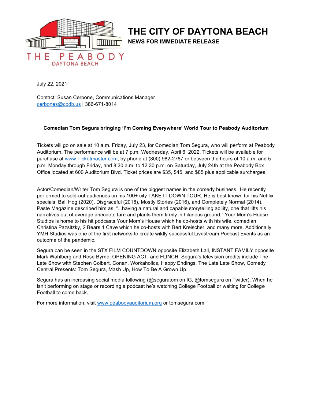 The City of Daytona Beach News for Immediate Release