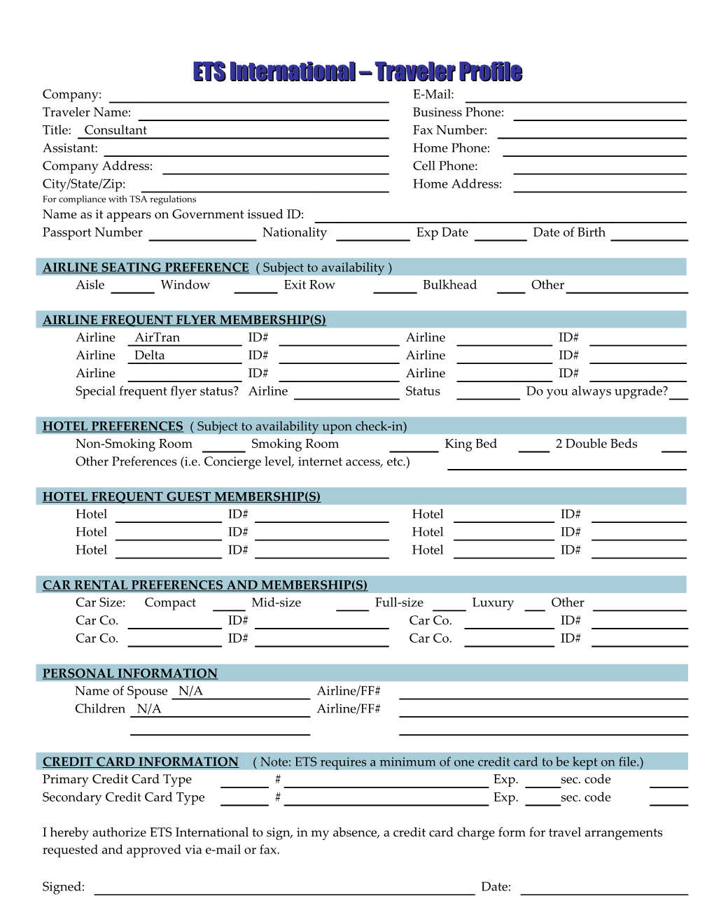 Ets International Traveler Preference Profile