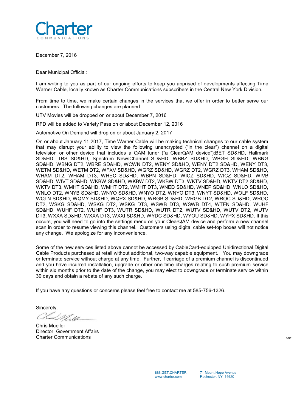 December 7, 2016 Dear Municipal Official: I Am Writing to You As Part of Our Ongoing Efforts to Keep You Apprised of Development