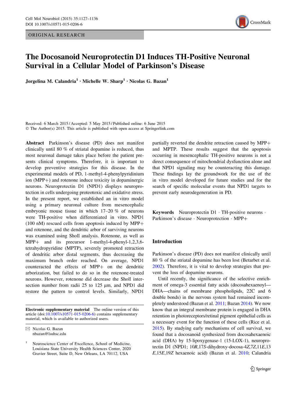 The Docosanoid Neuroprotectin D1 Induces TH-Positive Neuronal Survival in a Cellular Model of Parkinson’S Disease