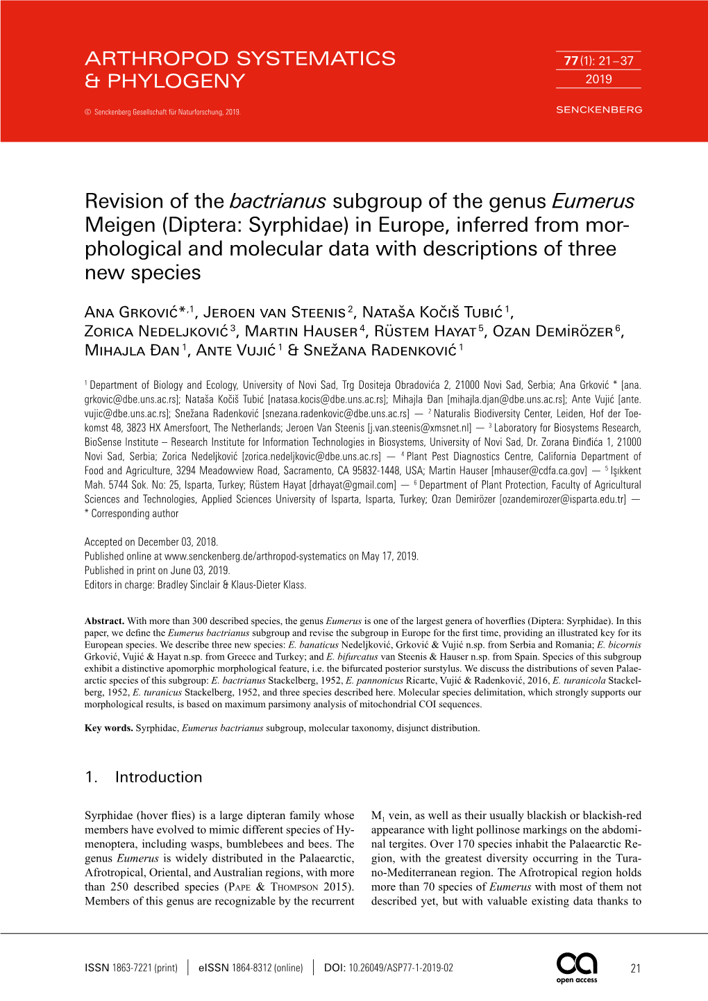 Diptera: Syrphidae) in Europe, Inferred from Mor- Phological and Molecular Data with Descriptions of Three New Species