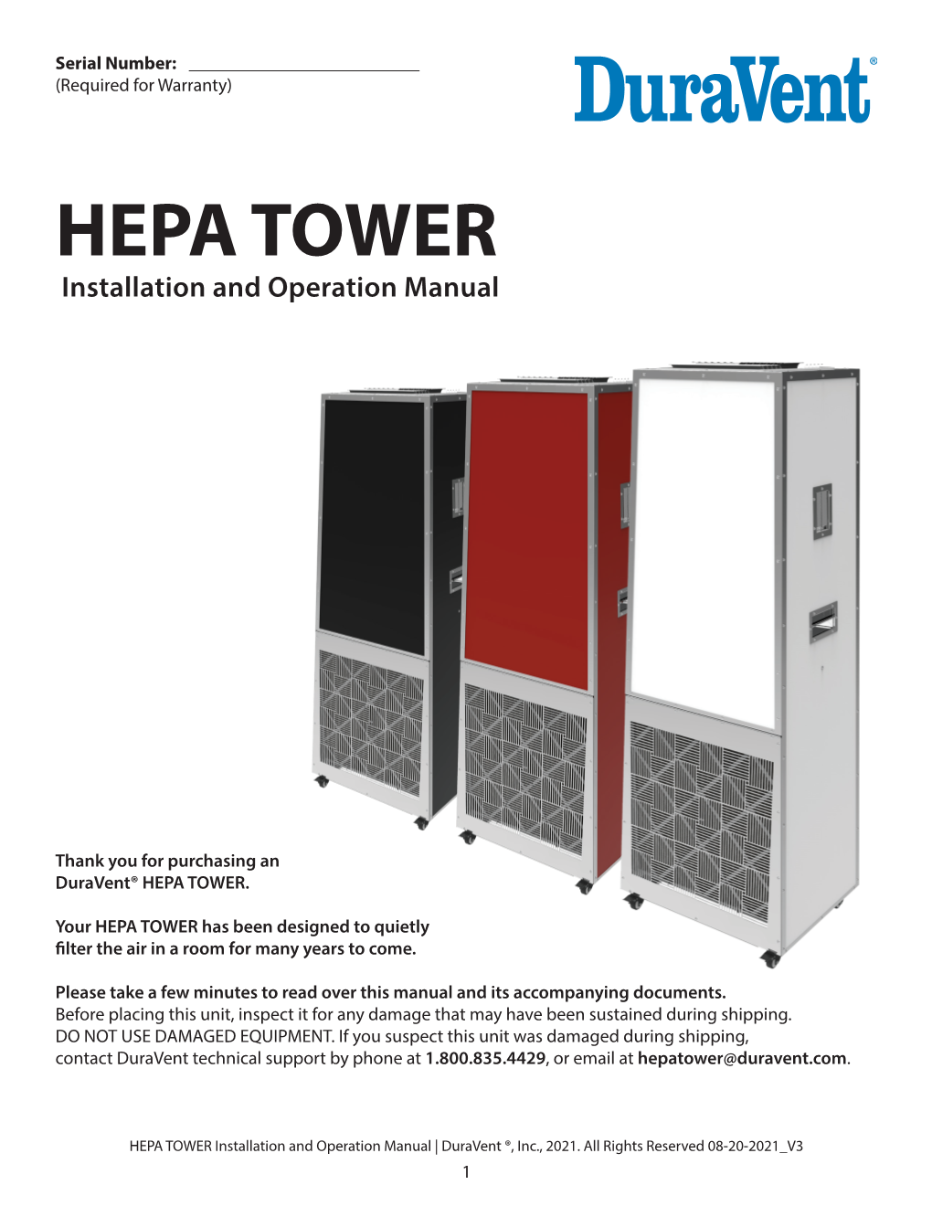 HEPA TOWER Installation and Operation Manual