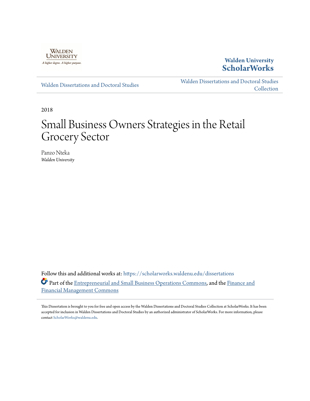 Small Business Owners Strategies in the Retail Grocery Sector Panzo Nteka Walden University