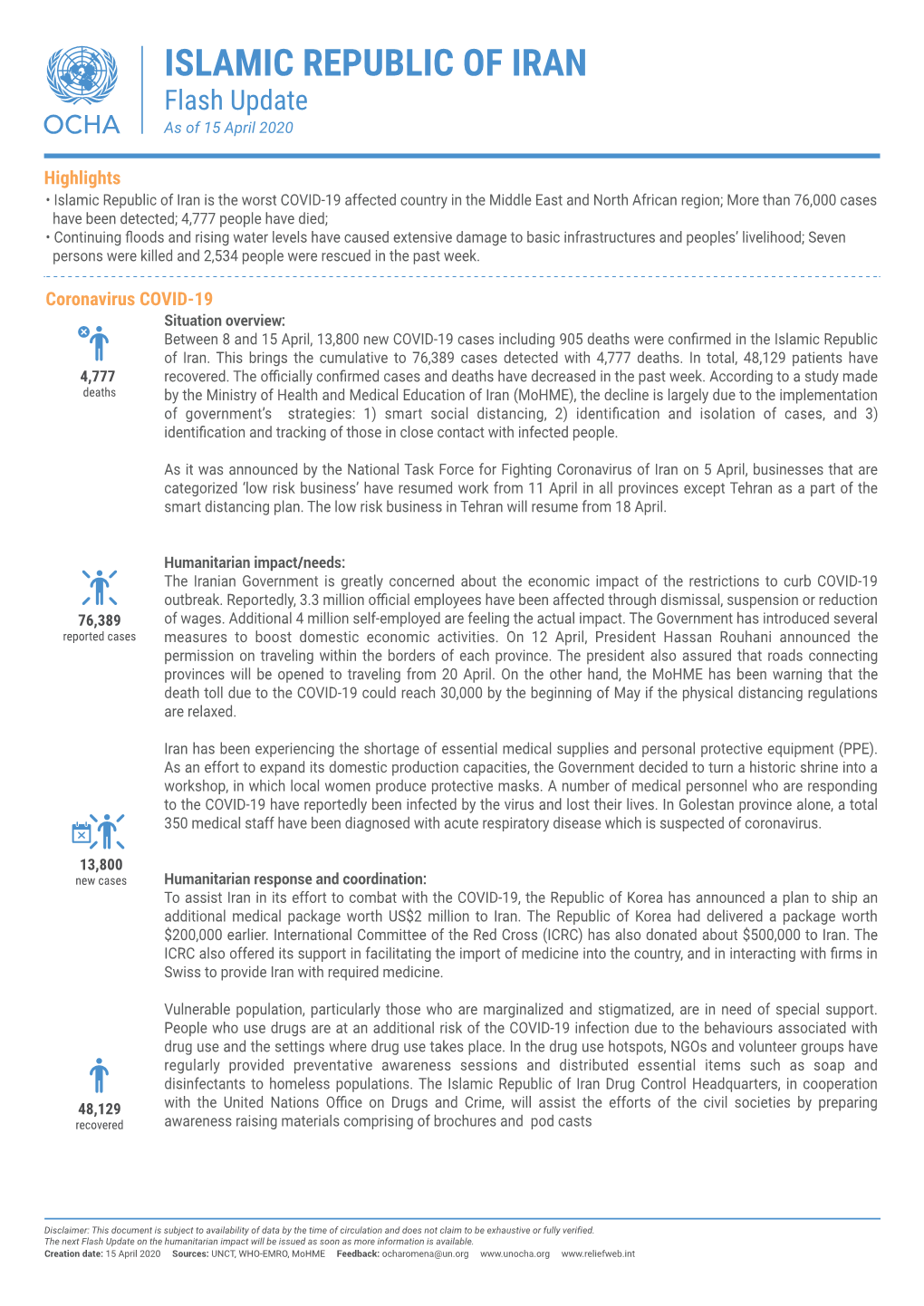 IRAN Flash Update As of 15 April 2020