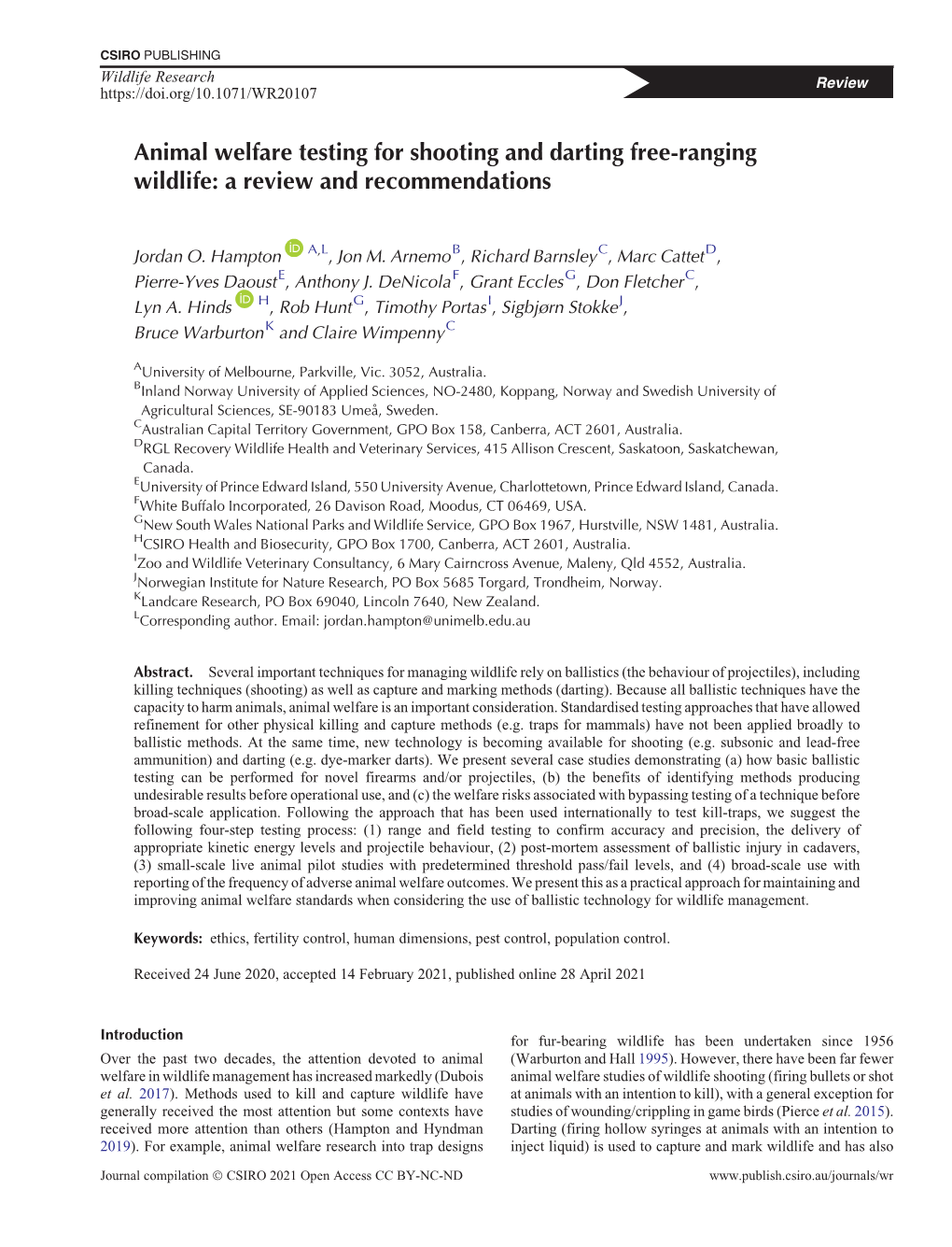 Animal Welfare Testing for Shooting and Darting Free-Ranging Wildlife: a Review and Recommendations