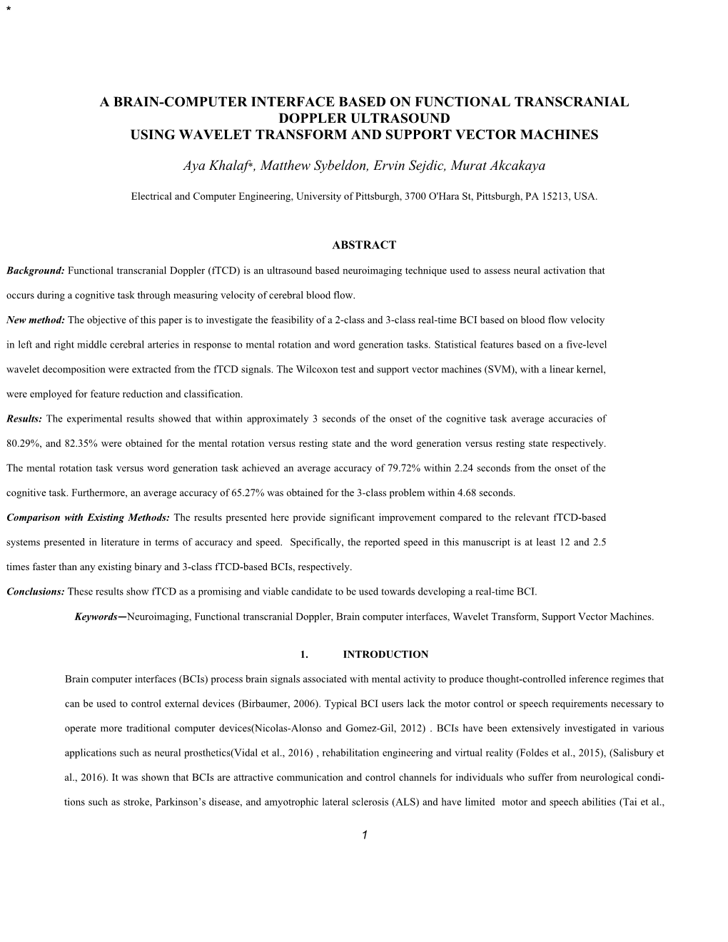 A Brain-Computer Interface Based on Functional Transcranial Doppler Ultrasound Using Wavelet Transform and Support Vector Machines