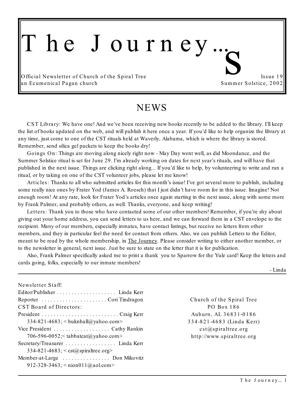 Issue 19 an Ecumenical Pagan Church Summers Solstice, 2002 NEWS