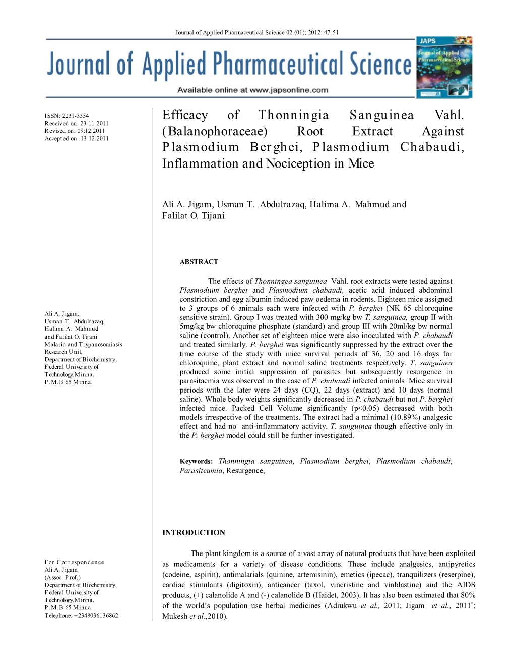 Efficacy of Thonningia Sanguinea Vahl. (Balanophoraceae) Root