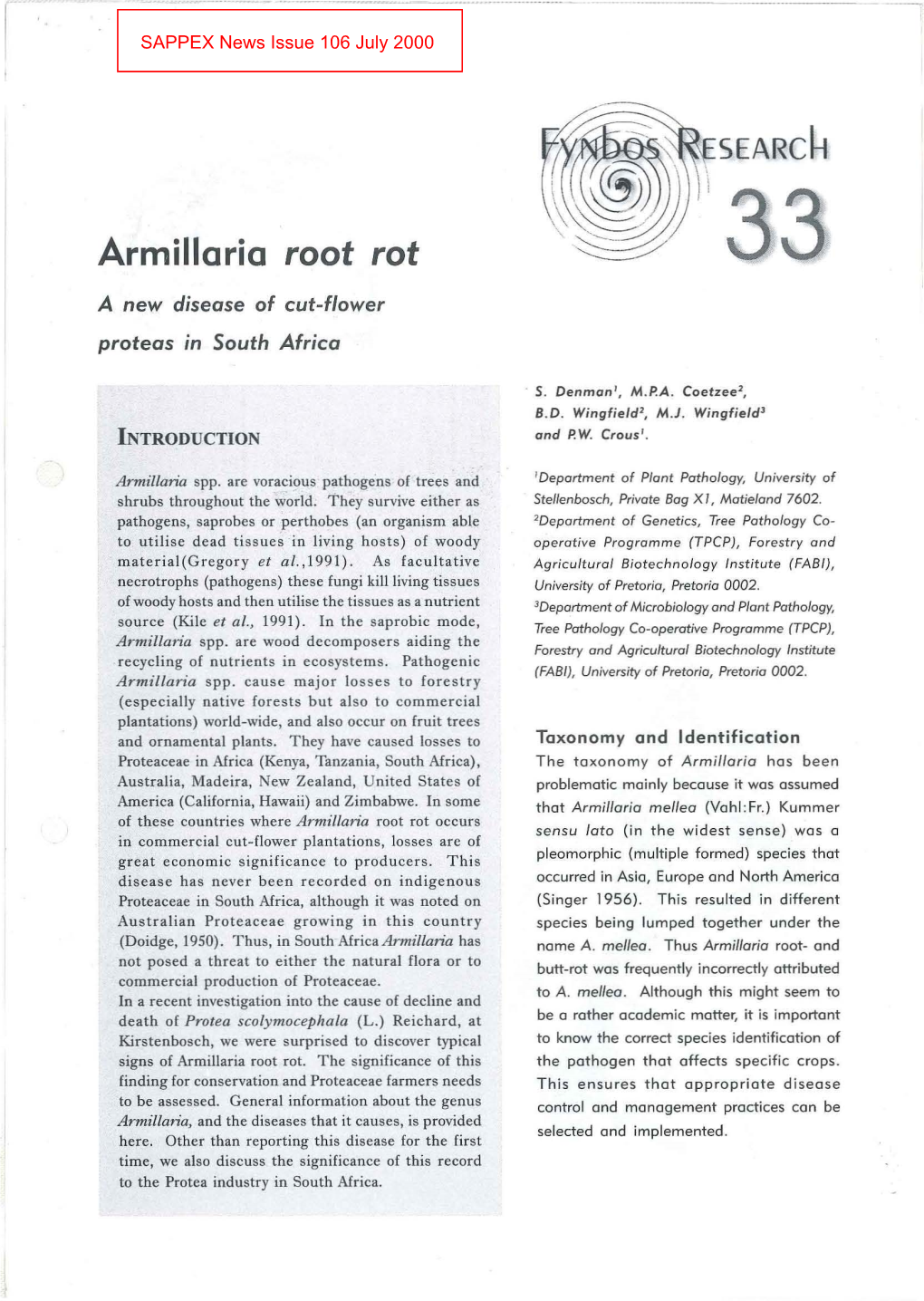 Armillaria Root Rot a New Disease of Cut- Flower Proteas in South Africa