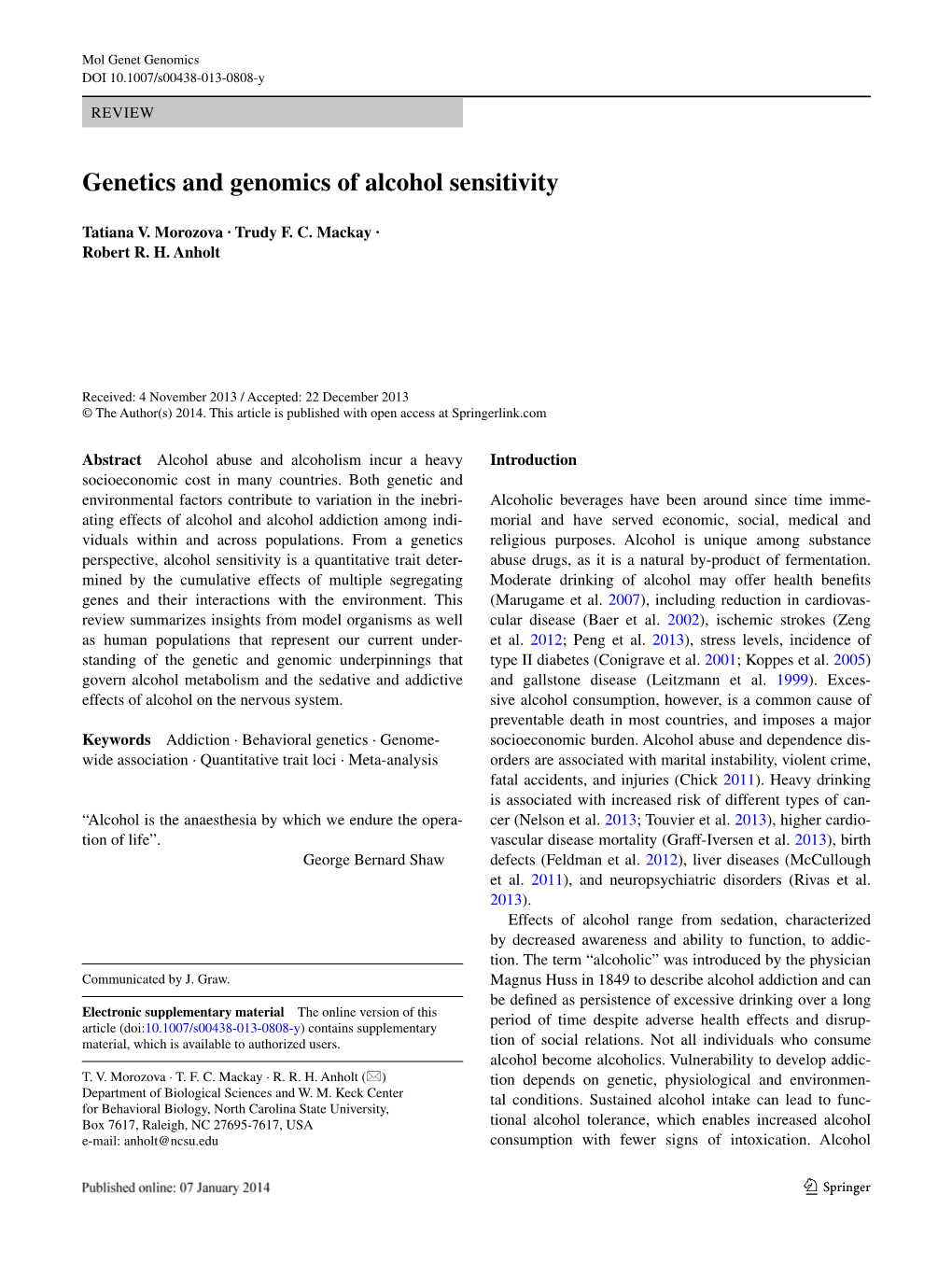 Genetics and Genomics of Alcohol Sensitivity