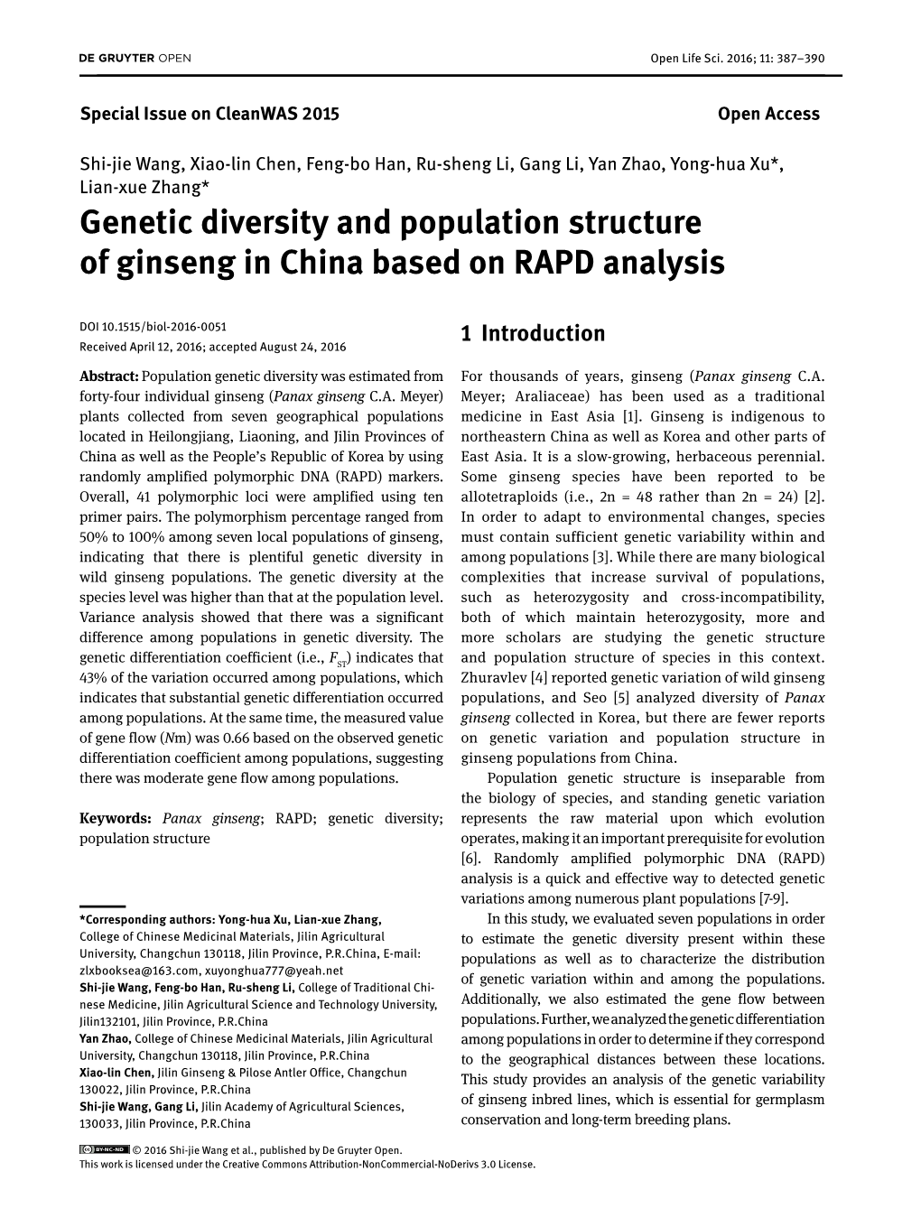 Genetic Diversity and Population Structure of Ginseng in China Based on RAPD Analysis