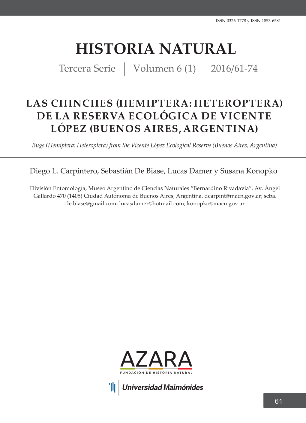 HISTORIA NATURAL Tercera Serie Volumen 6 (1) 2016/61-74