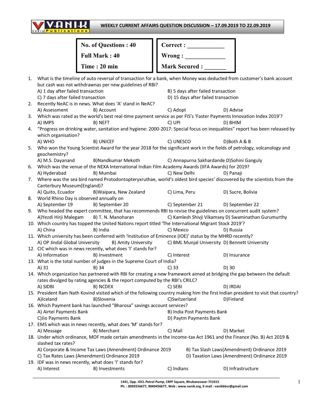 No. of Questions : 40 Correct : ______Full Mark : 40 Wrong : ______