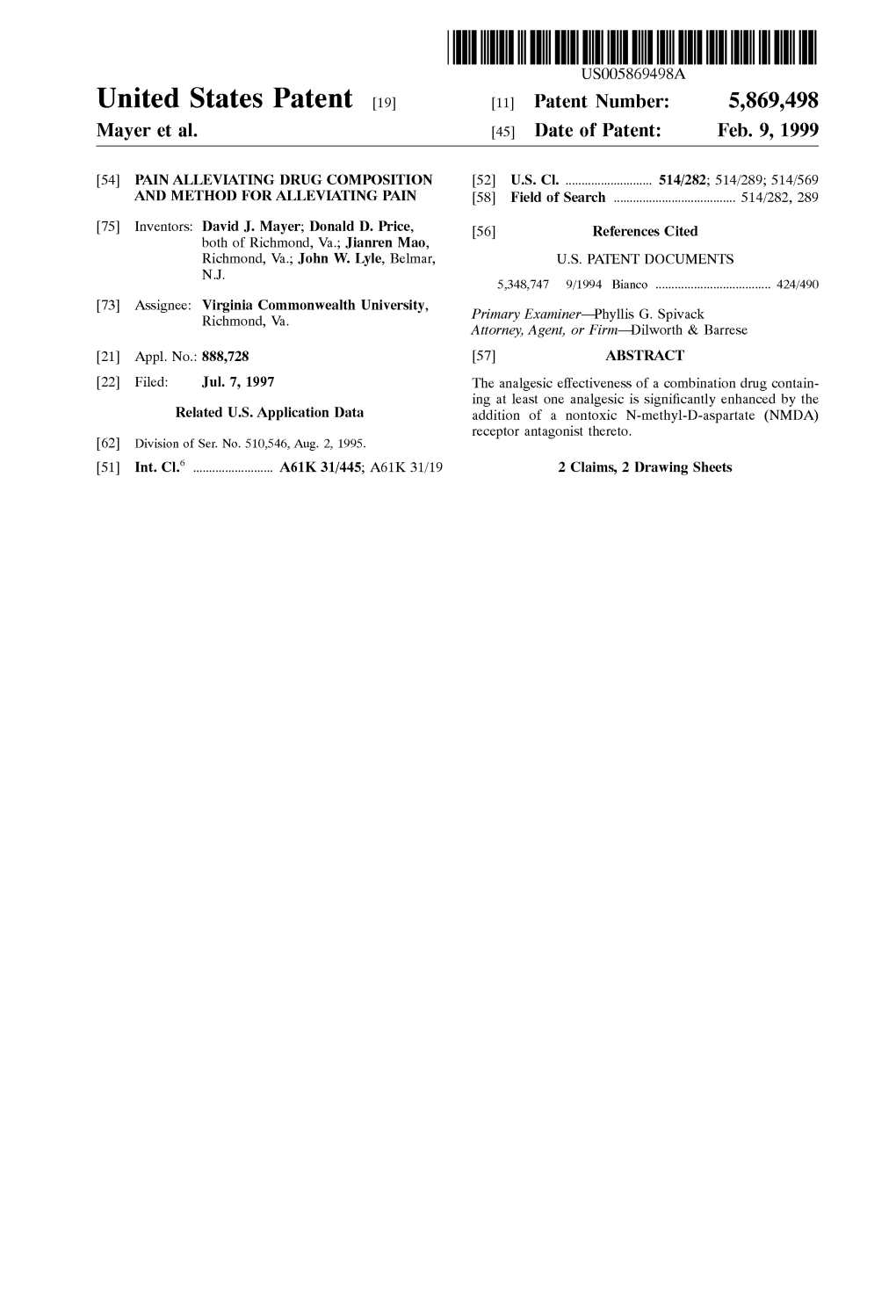 United States Patent (19) 11 Patent Number: 5,869,498 Mayer Et Al