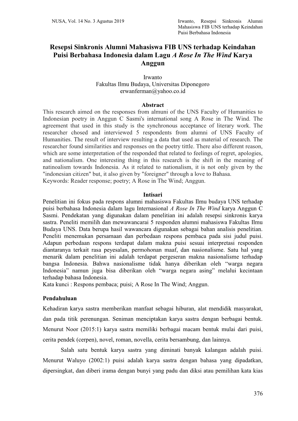 Resepsi Sinkronis Alumni Mahasiswa FIB UNS Terhadap Keindahan Puisi Berbahasa Indonesia