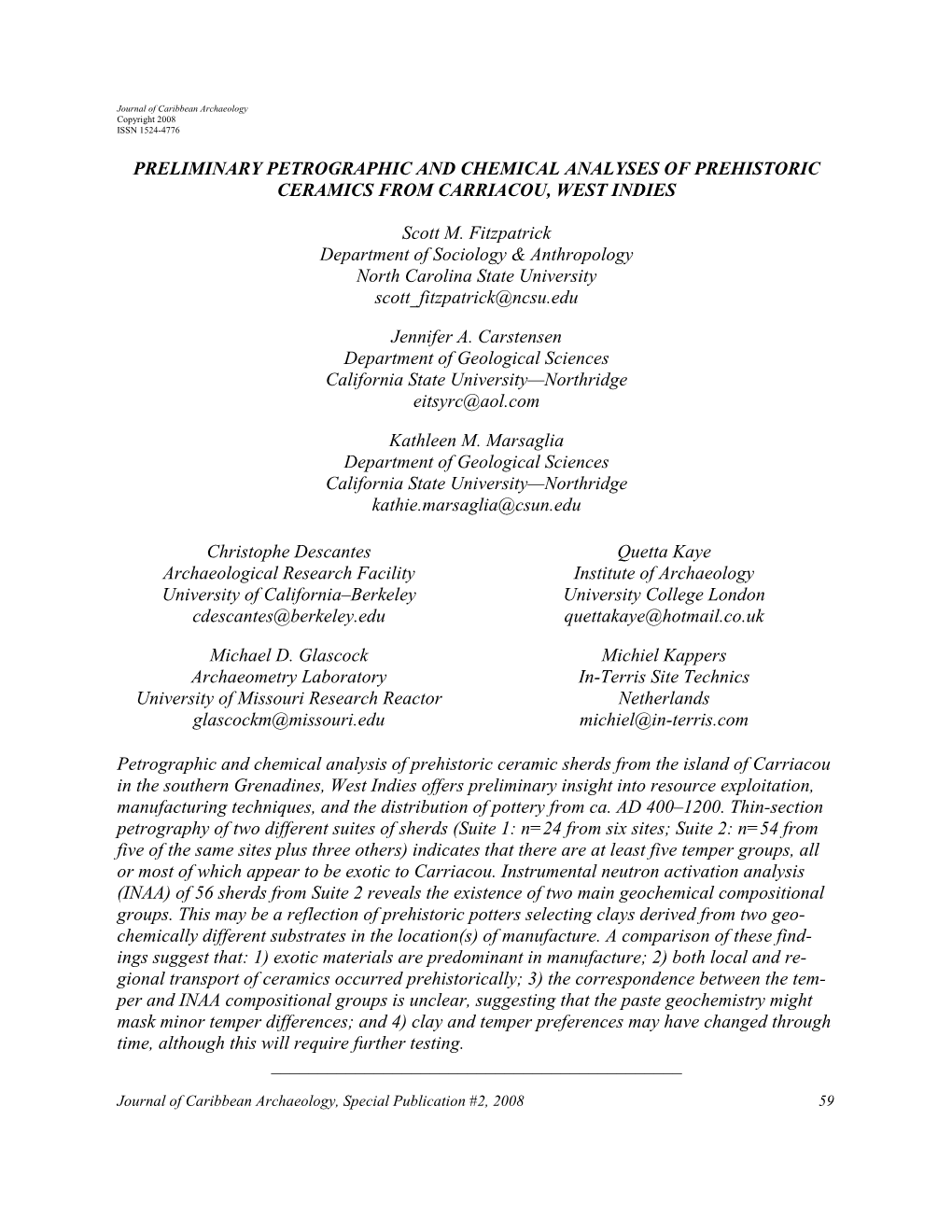 Preliminary Petrographic and Chemical Analyses of Prehistoric Ceramics from Carriacou, West Indies