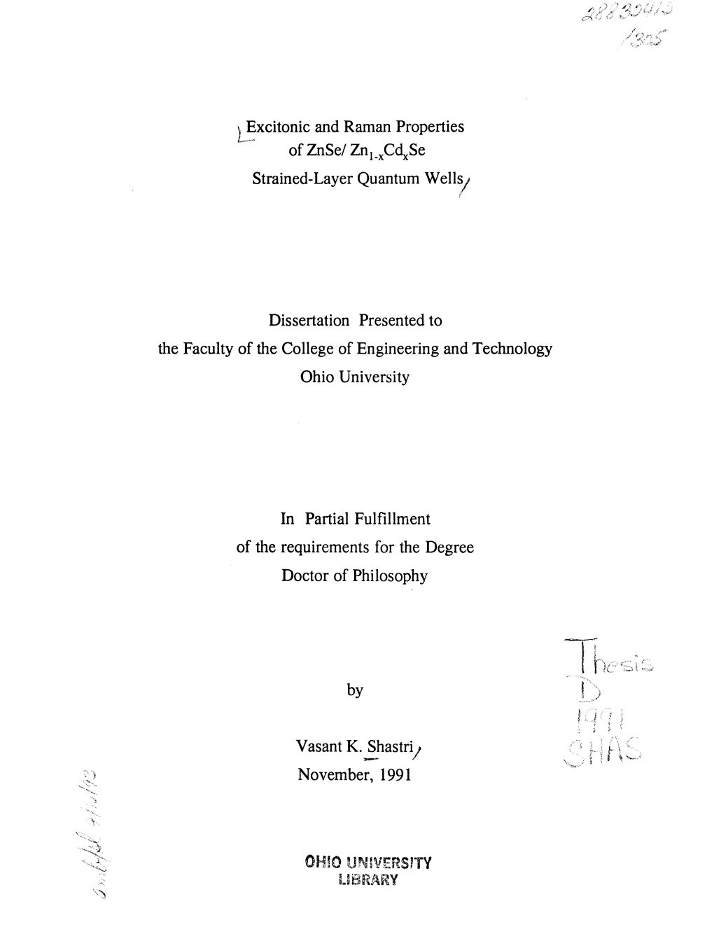 ~Xcitonic and Raman Properties of Znse/ Znl Xc~Se Strained-Layer Quantum Wells! Dissertation Presented to the Faculty of The