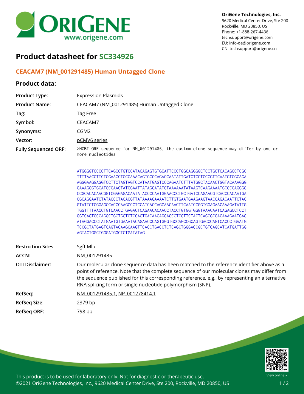 CEACAM7 (NM 001291485) Human Untagged Clone Product Data