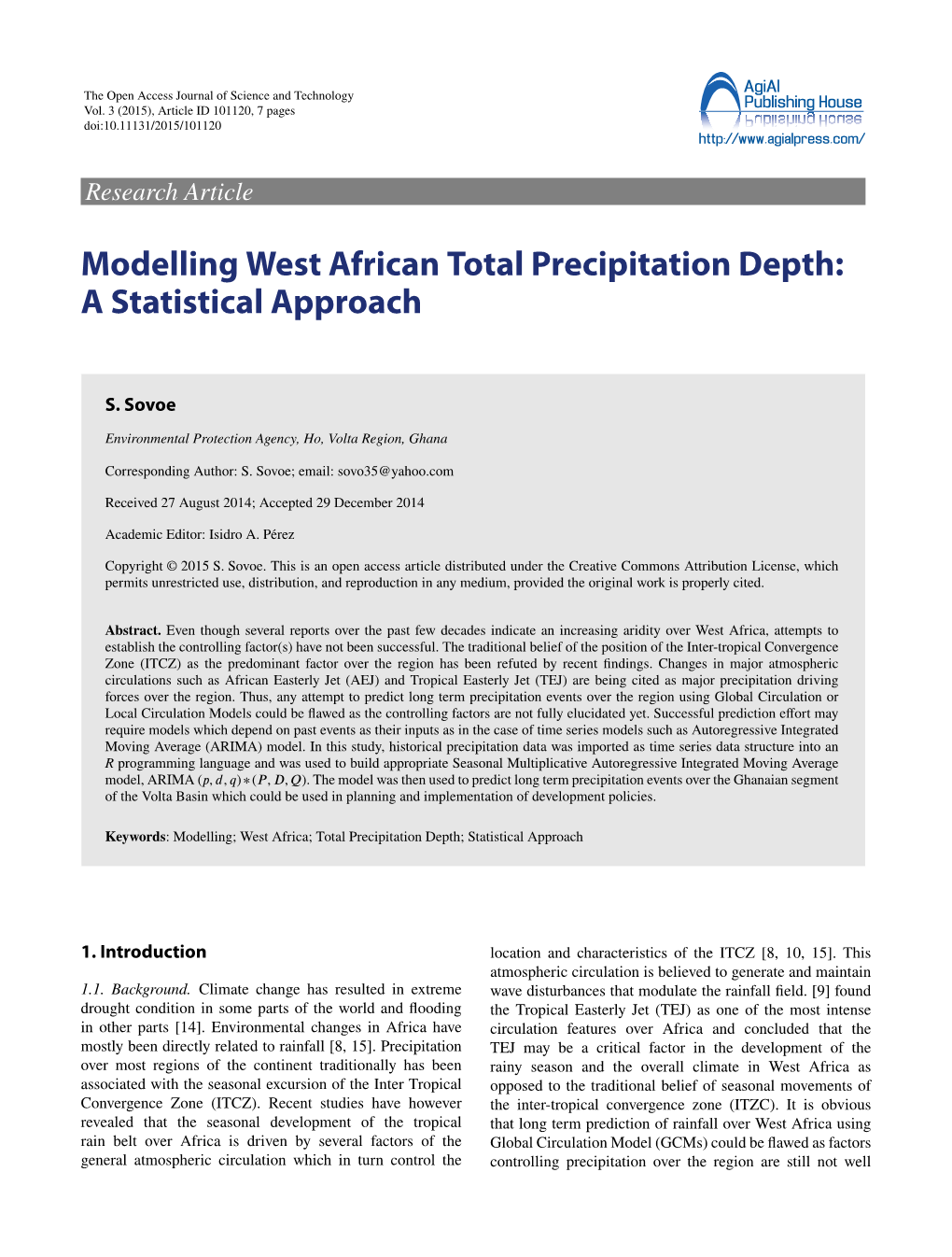 Modelling West African Total Precipitation Depth: a Statistical Approach