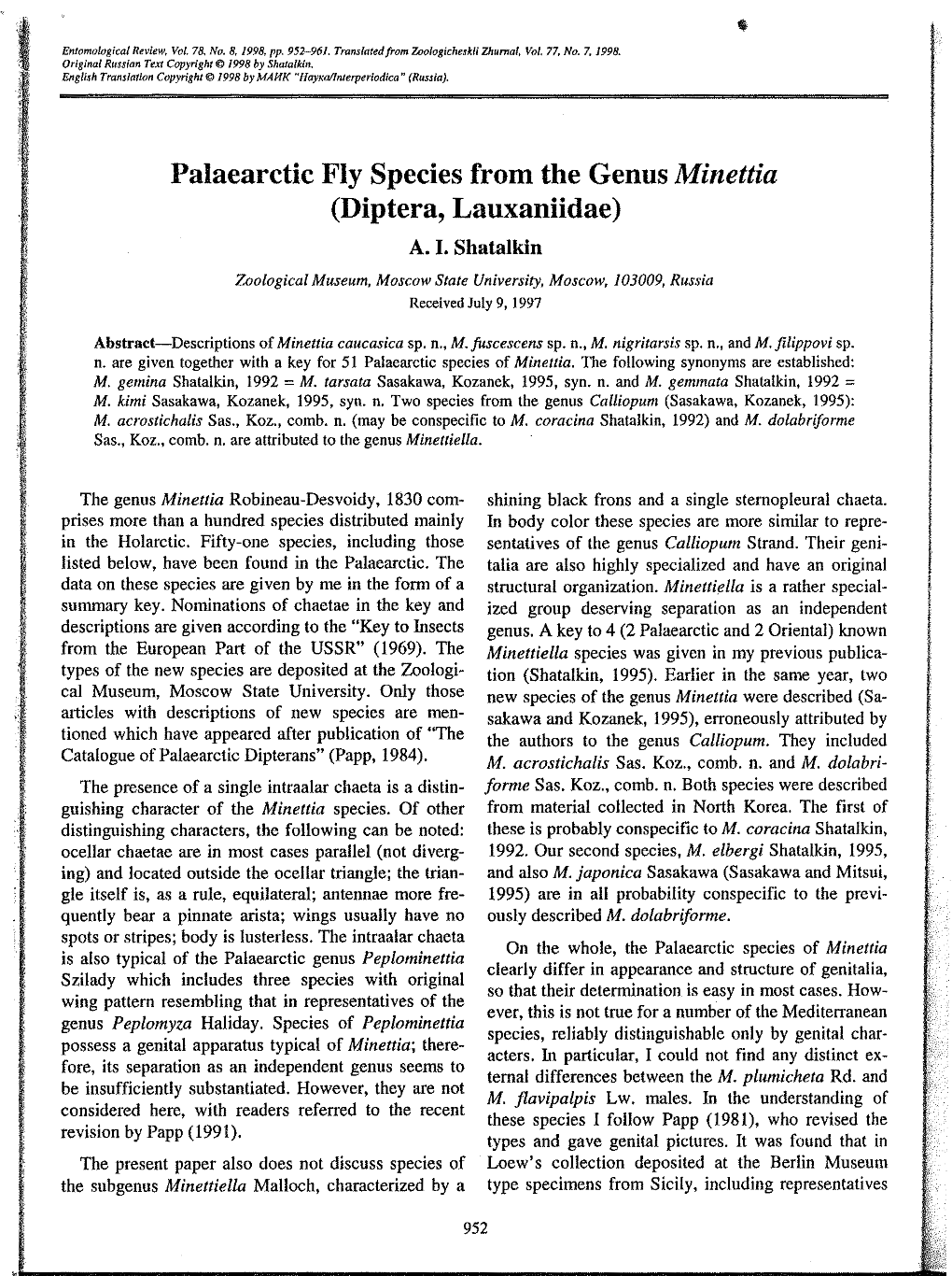 Palaearctic Fly Species from the Genus Minettia (Diptera, Lauxaniidae) A