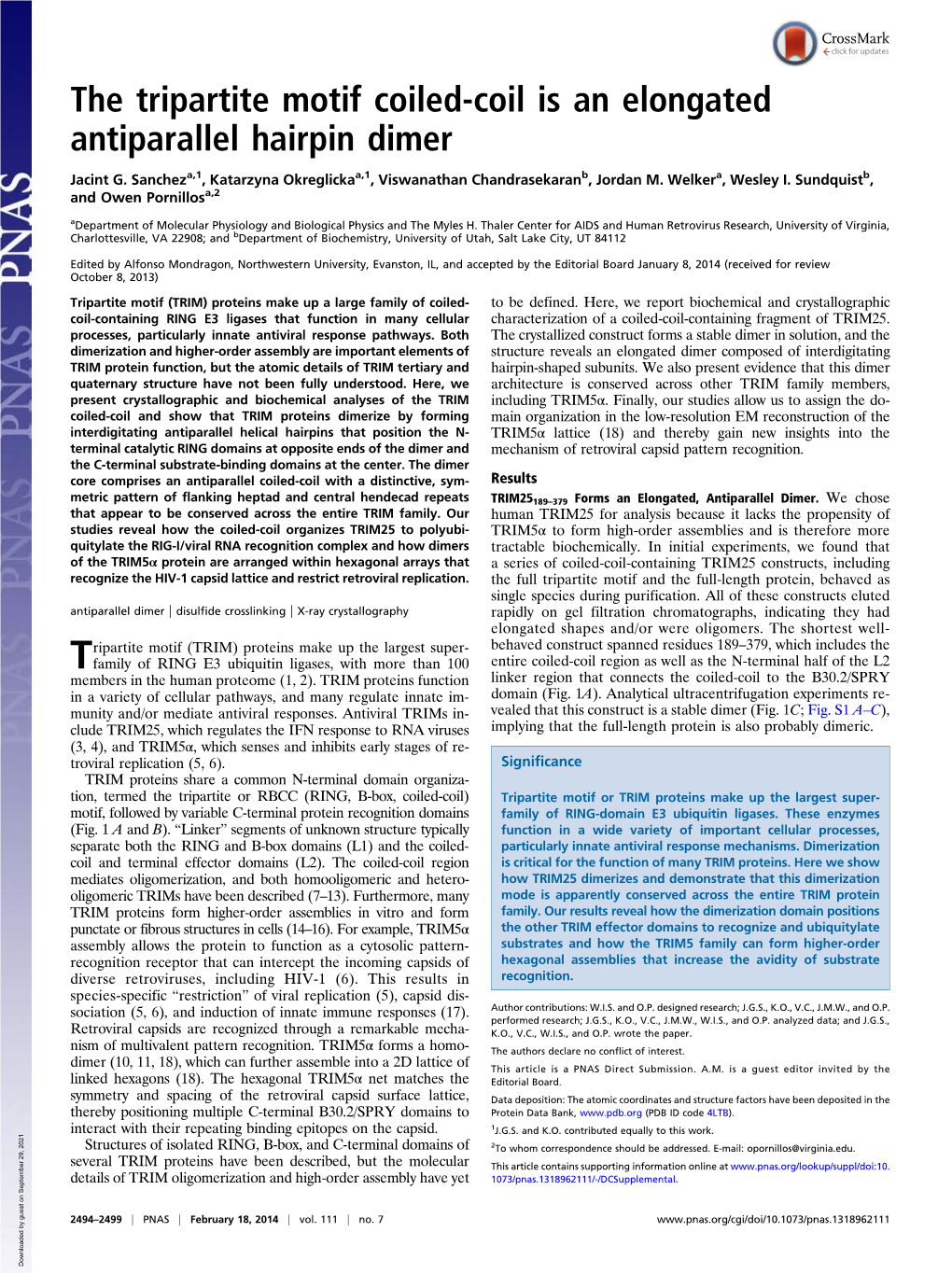 The Tripartite Motif Coiled-Coil Is an Elongated Antiparallel Hairpin Dimer