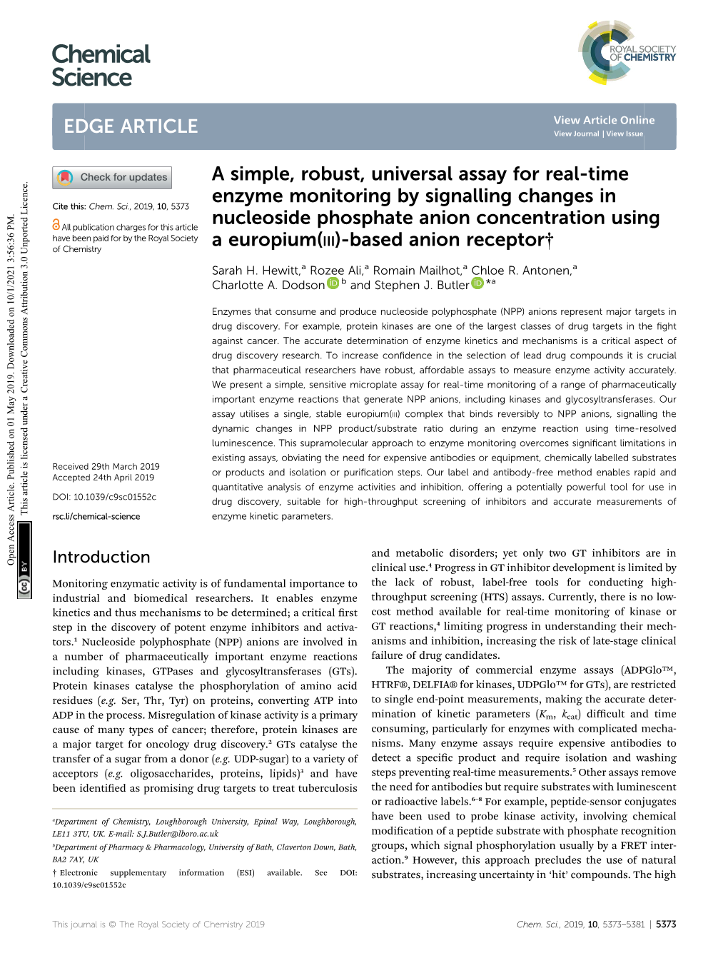 A Simple, Robust, Universal Assay for Real-Time Enzyme Monitoring by Signalling Changes in Cite This: Chem