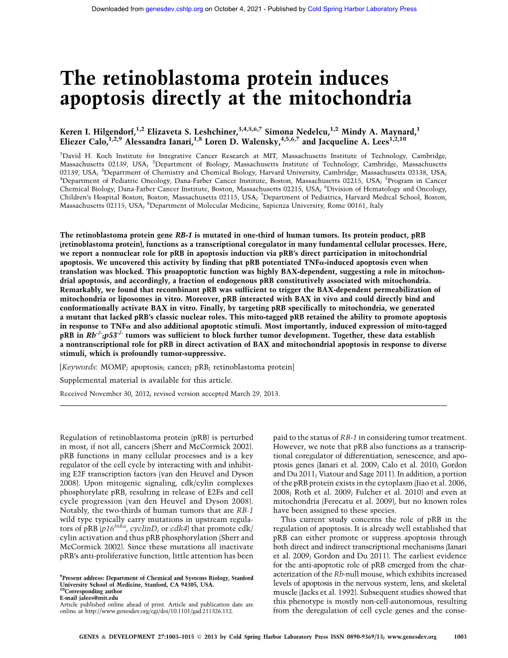 The Retinoblastoma Protein Induces Apoptosis Directly at the Mitochondria