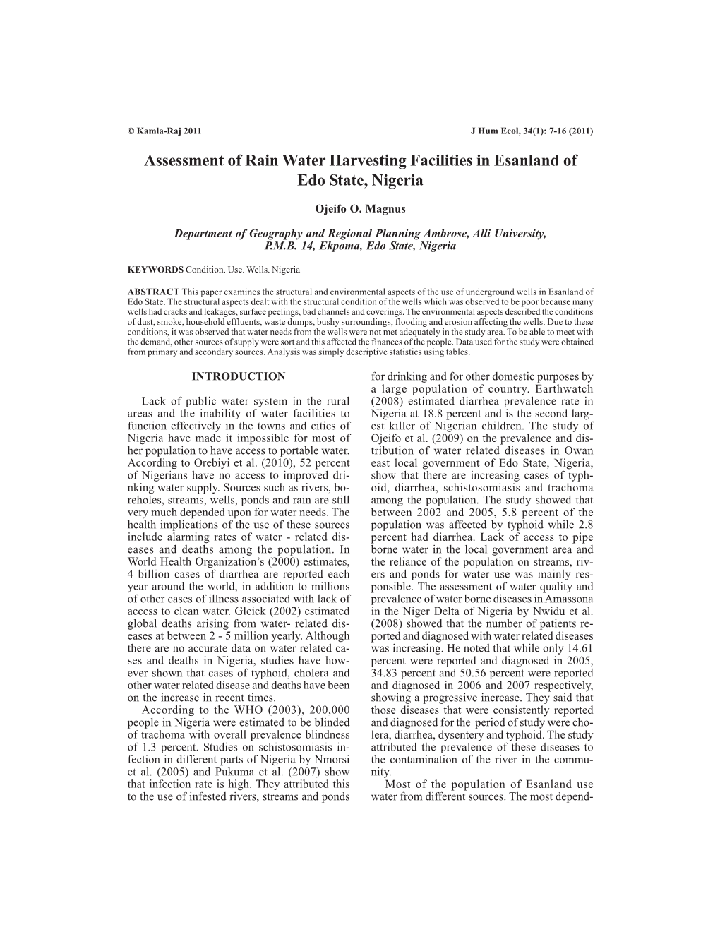 Assessment of Rain Water Harvesting Facilities in Esanland of Edo State, Nigeria