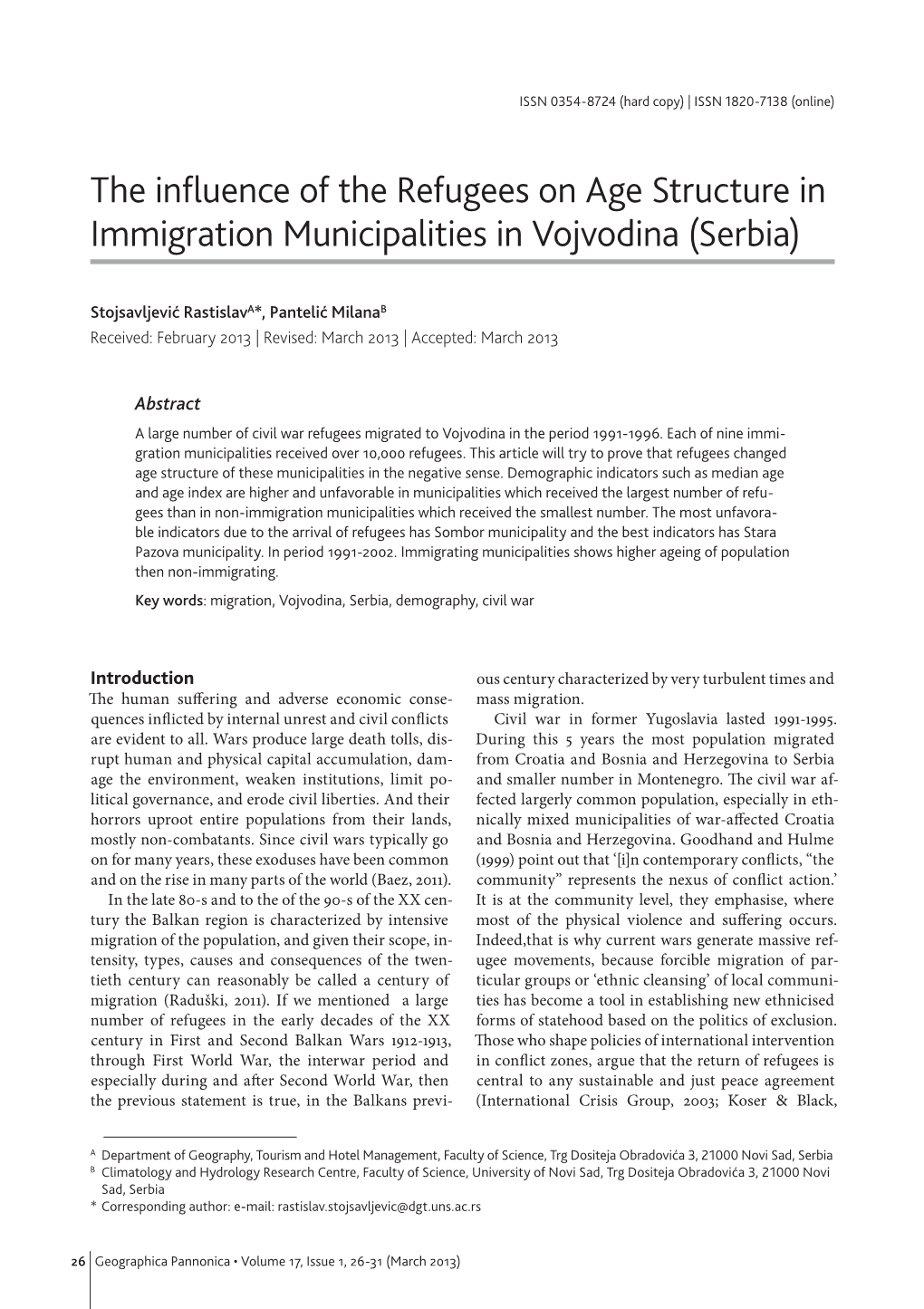 The Influence of the Refugees on Age Structure in Immigration Municipalities in Vojvodina (Serbia)