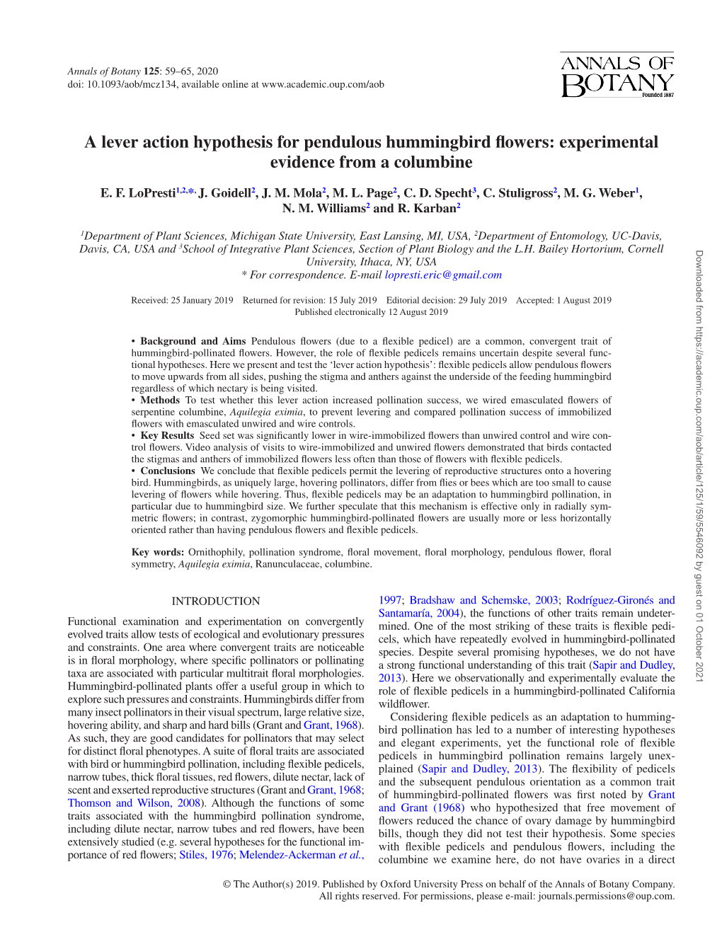 A Lever Action Hypothesis for Pendulous Hummingbird Flowers: Experimental Evidence from a Columbine