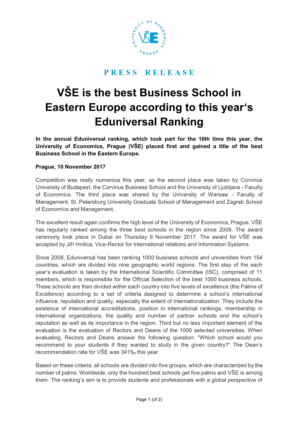 VŠE Is the Best Business School in Eastern Europe According to This Year‘S Eduniversal Ranking
