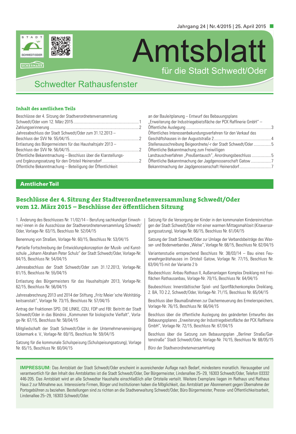 Amtsblatt Für Die Stadt Schwedt/Oder Schwedter Rathausfenster