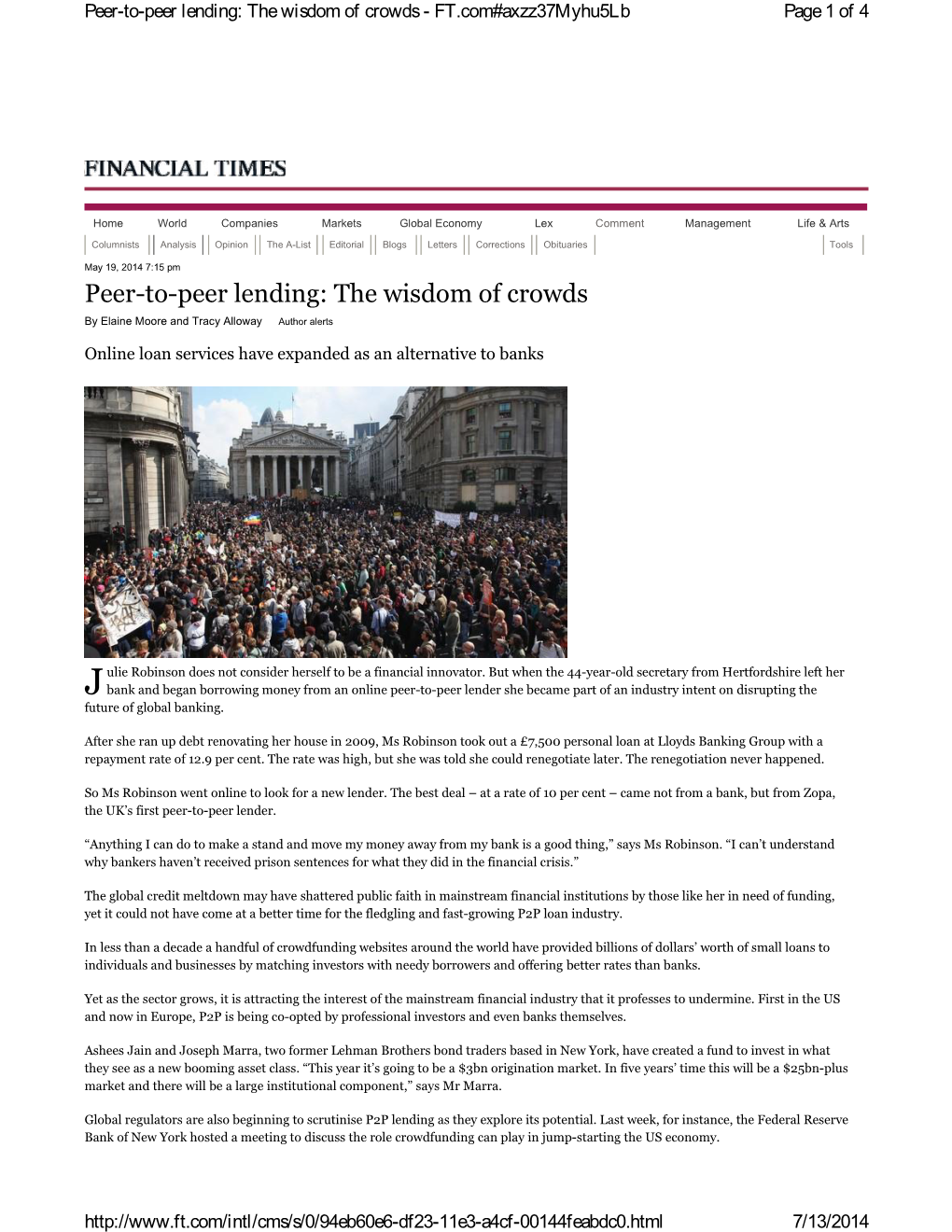 Peer-To-Peer Lending: the Wisdom of Crowds - FT.Com#Axzz37myhu5lb Page 1 of 4