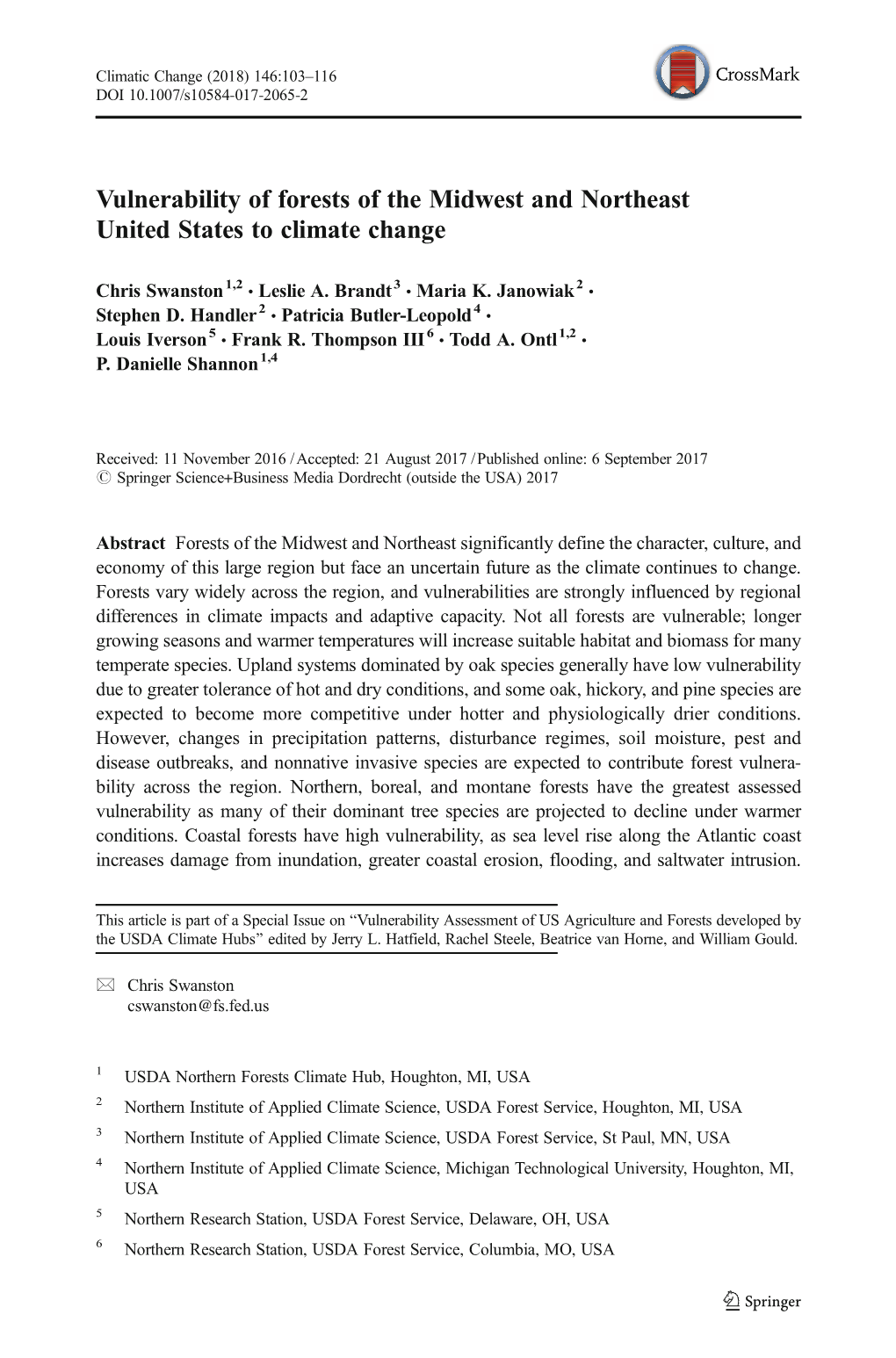 Vulnerability of Forests of the Midwest and Northeast United States to Climate Change