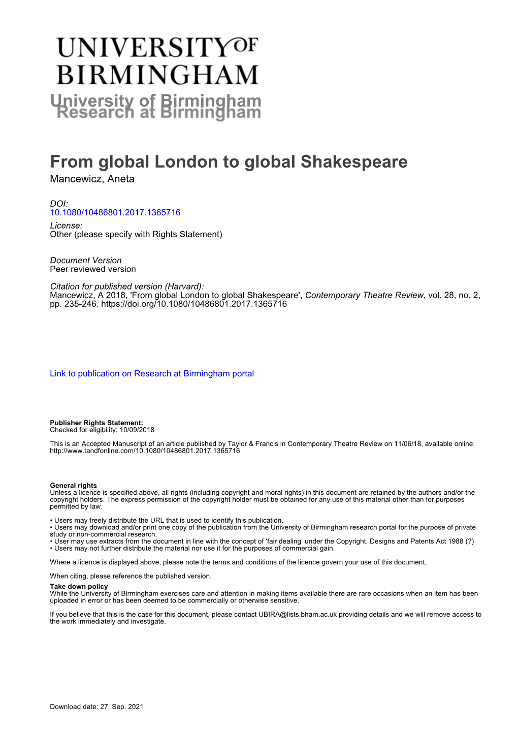 University of Birmingham from Global London to Global Shakespeare