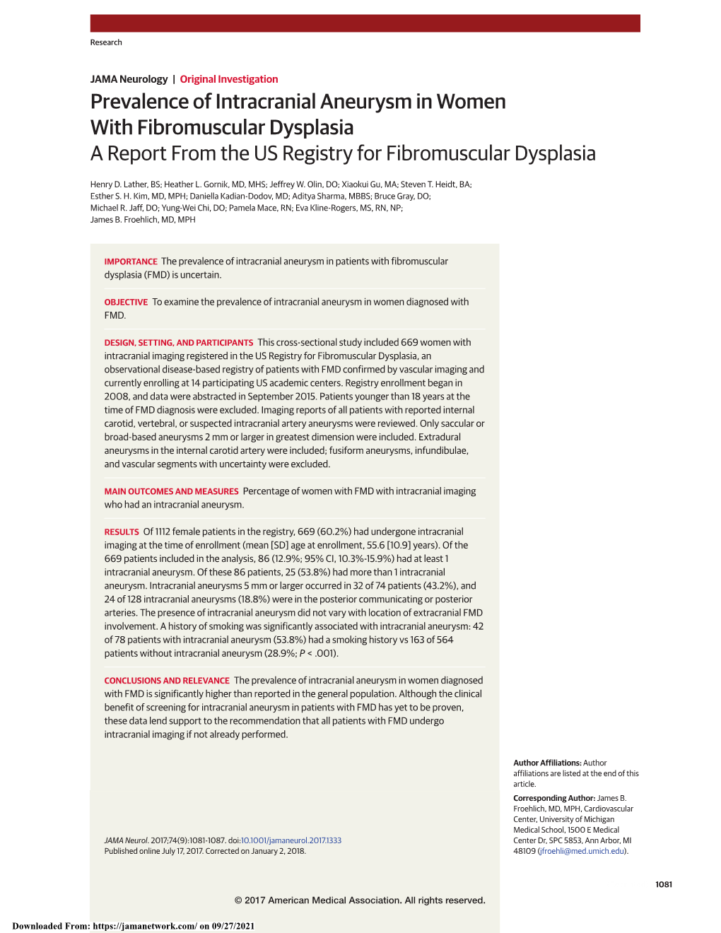 Prevalence of Intracranial Aneurysm in Women with Fibromuscular Dysplasia a Report from the US Registry for Fibromuscular Dysplasia