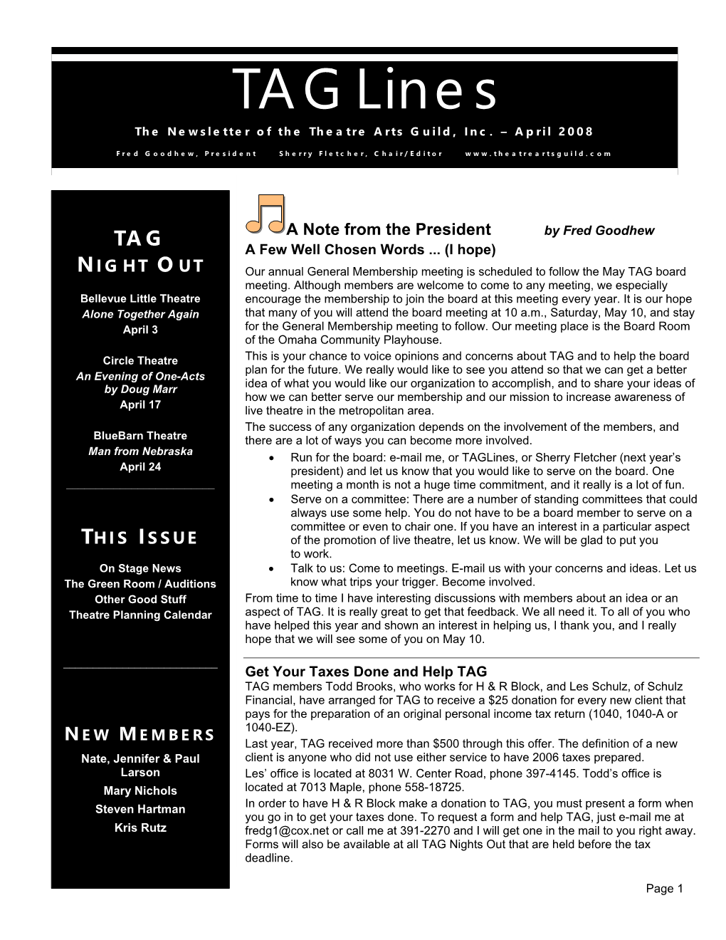 Taglines the Newsletter of the Theatre Arts Guild, Inc