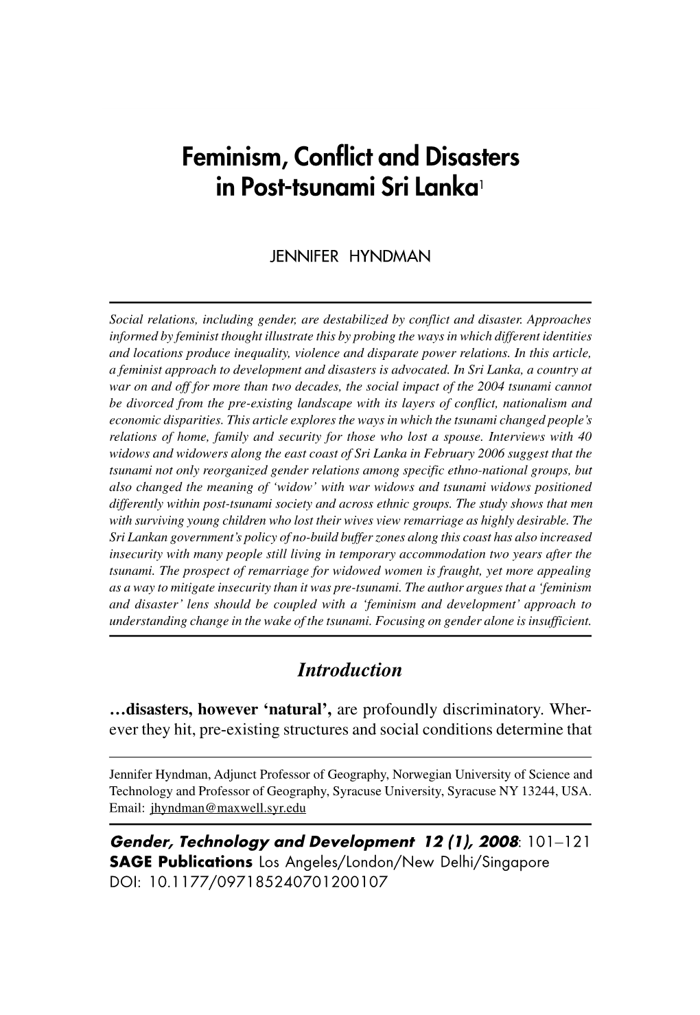 Feminism, Conflict and Disasters in Post-Tsunami Sri Lanka1