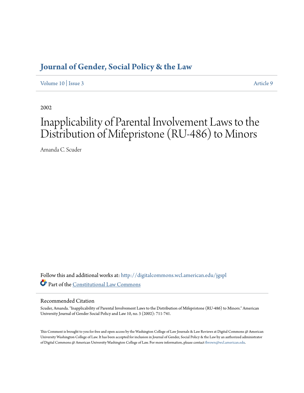 Inapplicability of Parental Involvement Laws to the Distribution of Mifepristone (RU-486) to Minors Amanda C