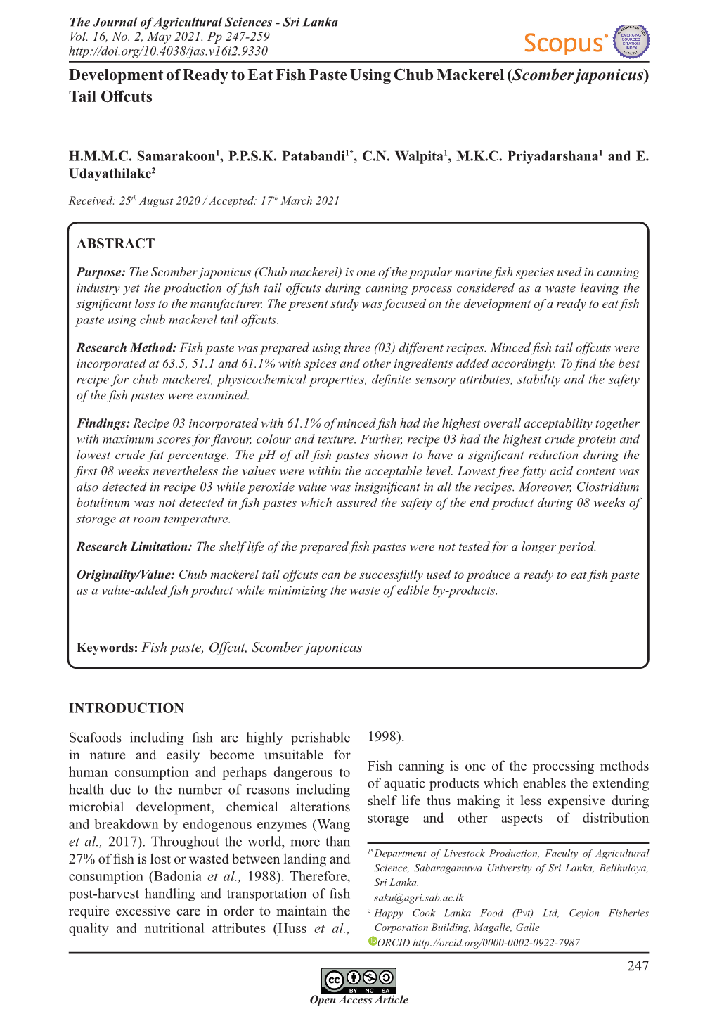 Development of Ready to Eat Fish Paste Using Chub Mackerel (Scomber Japonicus) Tail Offcuts